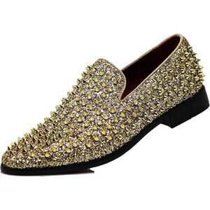 SPK70 Mens Size 12 Shiny Gold Spike Glitter Slip On Tuxedo Loafer Dress Shoes